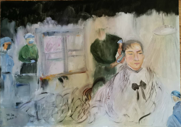 布面油画（削发为出征）50X70..创作时间：2020.2..12，作者：叶子