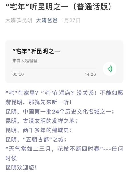 岳立在“大嘴爸爸”微公号上连载了《“宅年”听昆明系列（普通话版）》