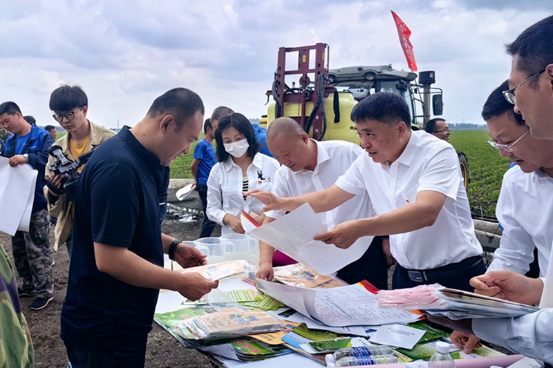 黑龙江省农业农村厅种植业管理处工作人员在哈尔滨市双城区地头，向农民发放科学用农药资料（2023年6月11日摄）。