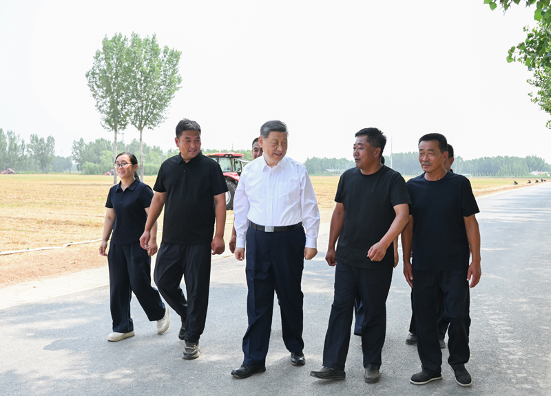 6月24日，中共中央总书记、国家主席、中央军委主席习近平在山东省德州市考察。这是习近平在陵城区边临镇东于架村同种粮大户、农机手、农技人员亲切交流.